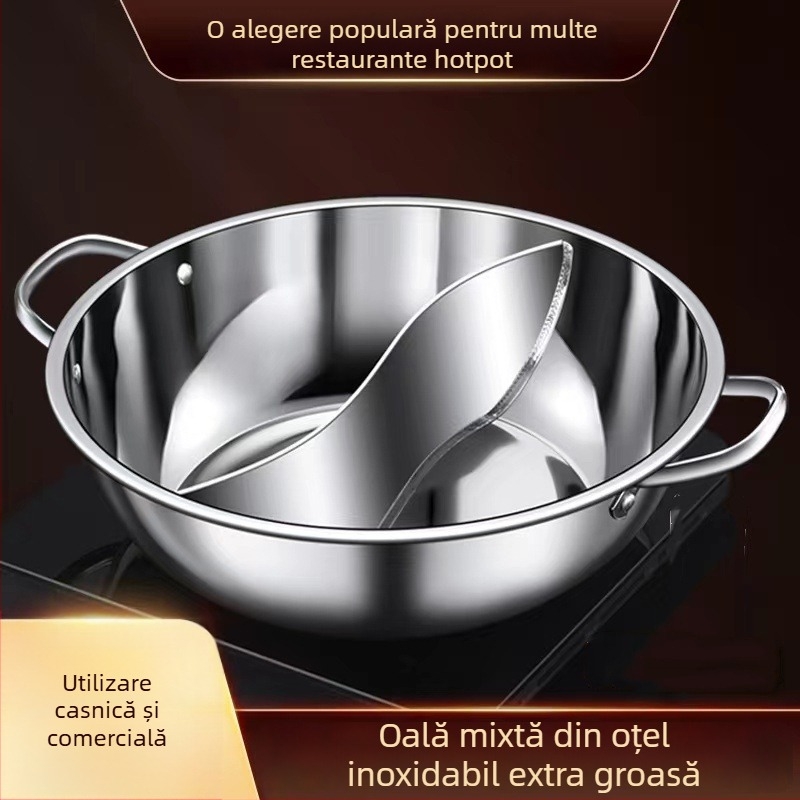 Oală de gătit din oțel inoxidabil, divizată pentru două arome, 28 cm, cu două mânere și capac, pentru uz casnic și comercial