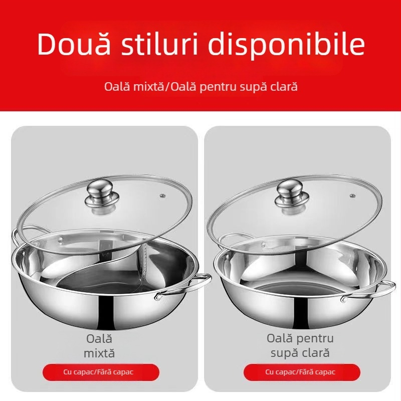 Oală de gătit din oțel inoxidabil, divizată pentru două arome, 28 cm, cu două mânere și capac, pentru uz casnic și comercial