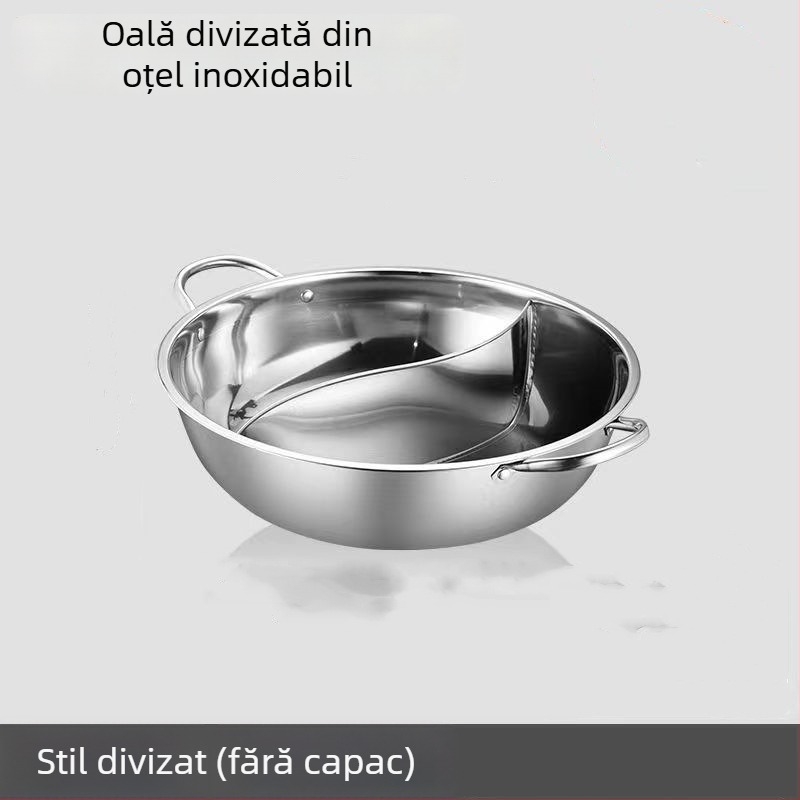 Oală de gătit din oțel inoxidabil, divizată pentru două arome, 28 cm, cu două mânere și capac, pentru uz casnic și comercial
