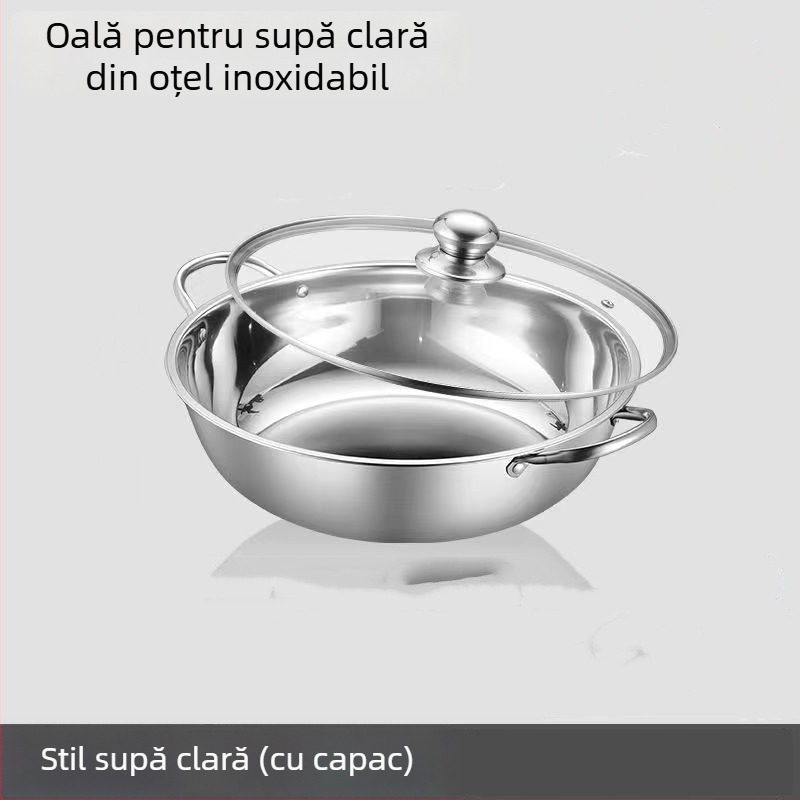 Oală de gătit din oțel inoxidabil, divizată pentru două arome, 28 cm, cu două mânere și capac, pentru uz casnic și comercial