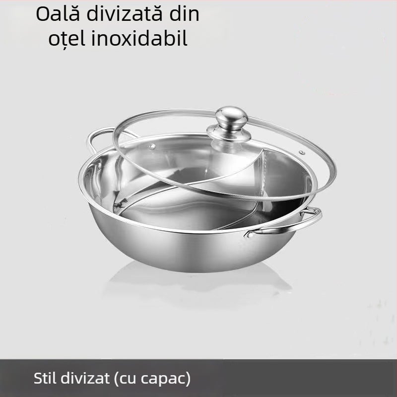 Oală de gătit din oțel inoxidabil, divizată pentru două arome, 28 cm, cu două mânere și capac, pentru uz casnic și comercial