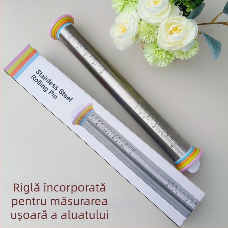 Rulou din oțel inoxidabil cu grosime reglabilă și marcaje de măsurare, instrument pentru frământat aluatul și întins aluatul pentru colțunași.