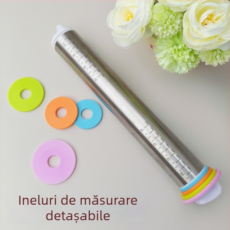 Rulou din oțel inoxidabil cu grosime reglabilă și marcaje de măsurare, instrument pentru frământat aluatul și întins aluatul pentru colțunași.