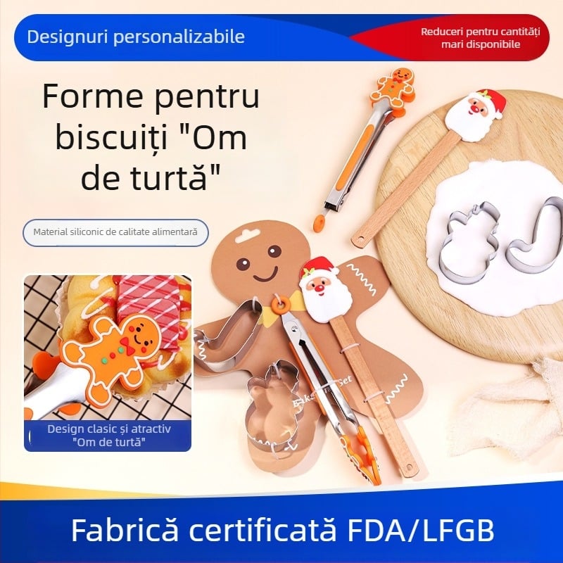Set de unelte de coacere din silicon pentru uz casnic, Crăciun – rezistent la temperaturi înalte: forme pentru biscuiți, clește pentru alimente, raclete, rolă de aluat și spatulă pentru cremă