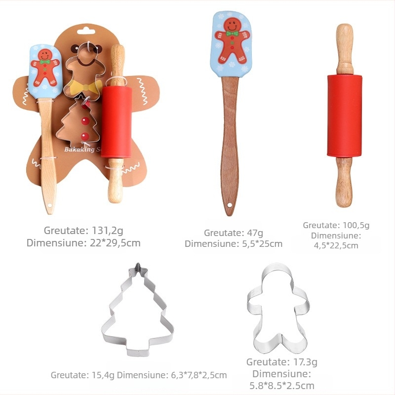 Set de unelte de coacere din silicon pentru uz casnic, Crăciun – rezistent la temperaturi înalte: forme pentru biscuiți, clește pentru alimente, raclete, rolă de aluat și spatulă pentru cremă