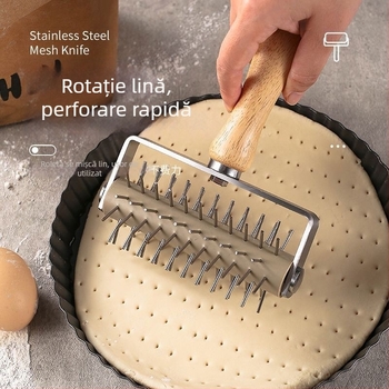Perforator pizza din oțel inoxidabil, role cu ace, cuțit pentru aluat și rulou din stejar – set de ustensile pentru coacere