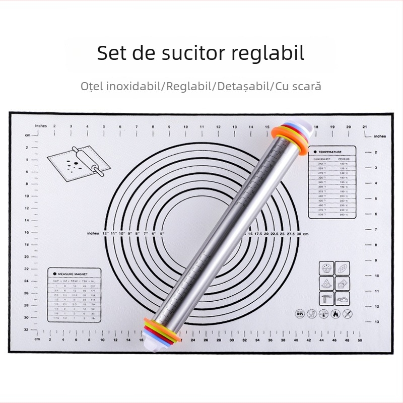 Rolă de bucătărie din oțel inoxidabil, 17 inch, grosime reglabilă cu scară de măsurare pentru aluat