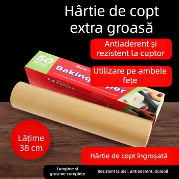 Hârtie de copt cu acoperire din silicon, culoare lemn natural, rolă mare, lățime 38 cm, rezistentă la temperaturi înalte, pentru cuptor.