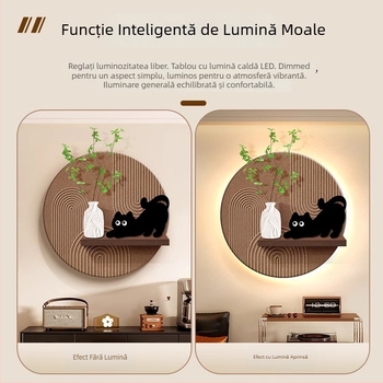 Tablou decorativ cu temă de pisici pentru restaurant, cu plante verzi artificiale, iluminare LED, artă murală 3D, fundal vintage pentru zona de dining