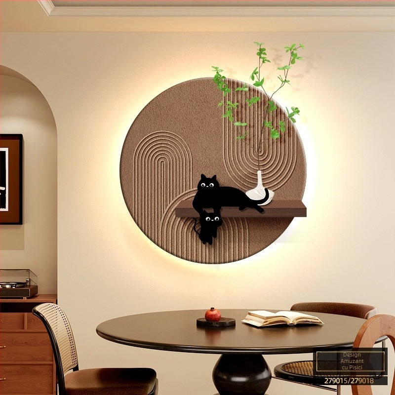 Tablou decorativ cu temă de pisici pentru restaurant, cu plante verzi artificiale, iluminare LED, artă murală 3D, fundal vintage pentru zona de dining