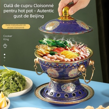 Oală Cloisonné din cupru pentru uz casnic – Stil Beijing vechi, interior din alamă, capacitate 2,1–4 L, neelectric