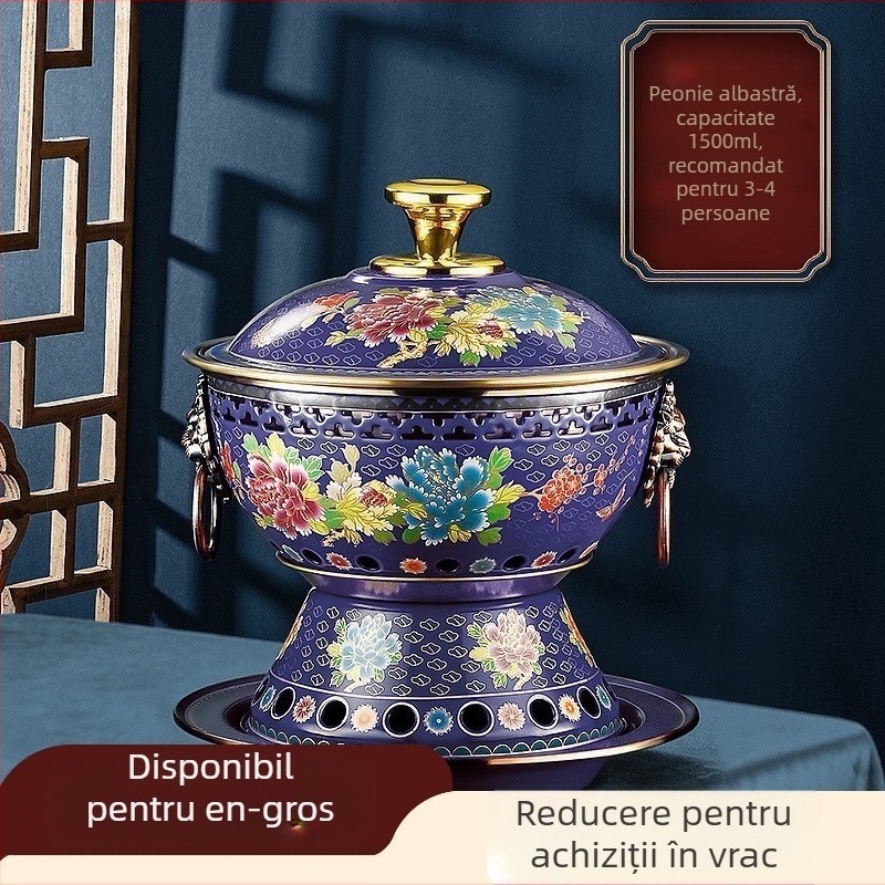 Oală Cloisonné din cupru pentru uz casnic – Stil Beijing vechi, interior din alamă, capacitate 2,1–4 L, neelectric