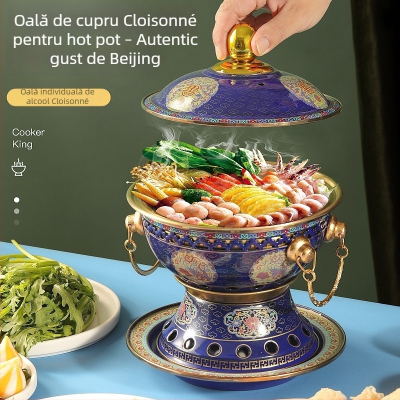 Oală Cloisonné din cupru pentru uz casnic – Stil Beijing vechi, interior din alamă, capacitate 2,1–4 L, neelectric