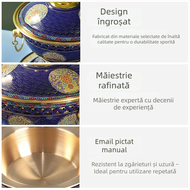 Oală Cloisonné din cupru pentru uz casnic – Stil Beijing vechi, interior din alamă, capacitate 2,1–4 L, neelectric