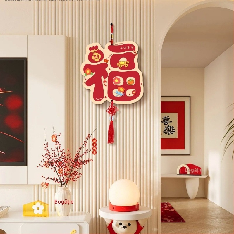 Tablou decorativ pentru perete în stil chinezesc pentru living, cu televizor; decor suspendat festiv cu nod chinezesc pentru Festivalul Primăverii
