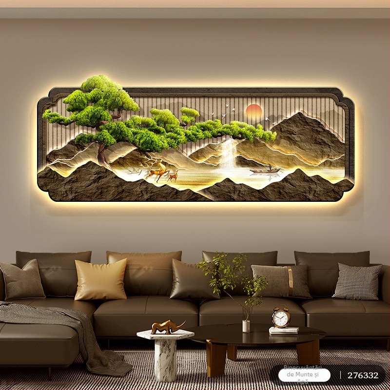 Stil chinezesc nou pentru living: pictură decorativă cu motiv de pin întâmpinator, iluminare LED, pentru peretele din spatele canapelei