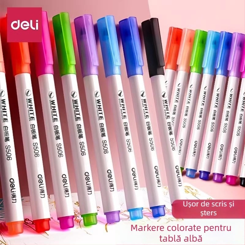 Deli S506/S504 Markere pentru tablă albă, set multicolor (12/8/4 culori), ușor de șters, pentru predare și desen