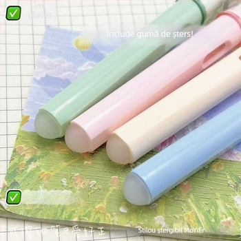 Set stilou cu peniță Hobby MS0313 – Albastru Cristal, pentru începători, elevi, cu sac de cerneală și corecție a poziției de scriere, vârf F