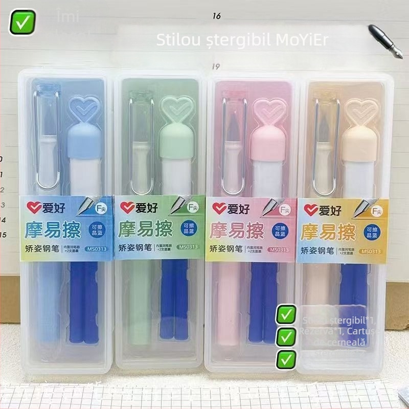 Set stilou cu peniță Hobby MS0313 – Albastru Cristal, pentru începători, elevi, cu sac de cerneală și corecție a poziției de scriere, vârf F