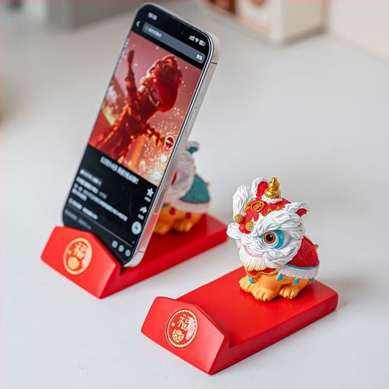 Suport pentru telefon în stil chinezesc cu dansul leului, decor de birou din rășină, cadou de Anul Nou