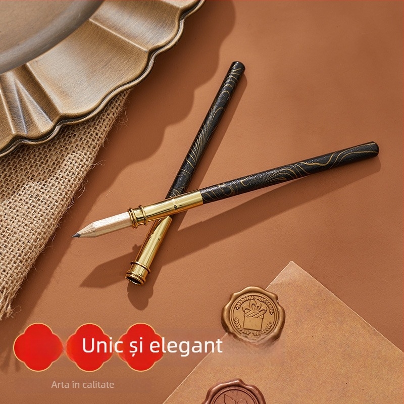 Suport din lemn pentru stilou cu cerneală, tijă extensibilă, design vintage cu benzi desenate, stilou pentru caligrafie cu vârf schimbabil