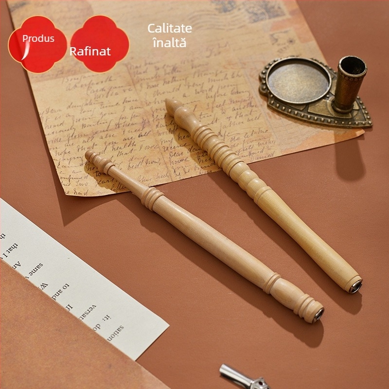 Suport din lemn pentru stilou cu cerneală, tijă extensibilă, design vintage cu benzi desenate, stilou pentru caligrafie cu vârf schimbabil