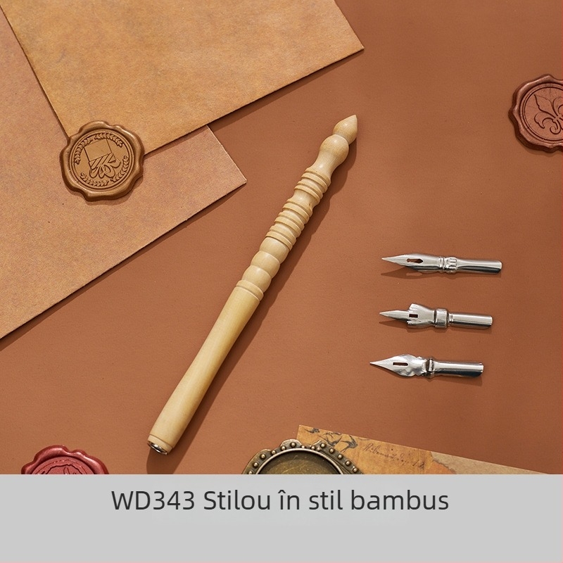 Suport din lemn pentru stilou cu cerneală, tijă extensibilă, design vintage cu benzi desenate, stilou pentru caligrafie cu vârf schimbabil