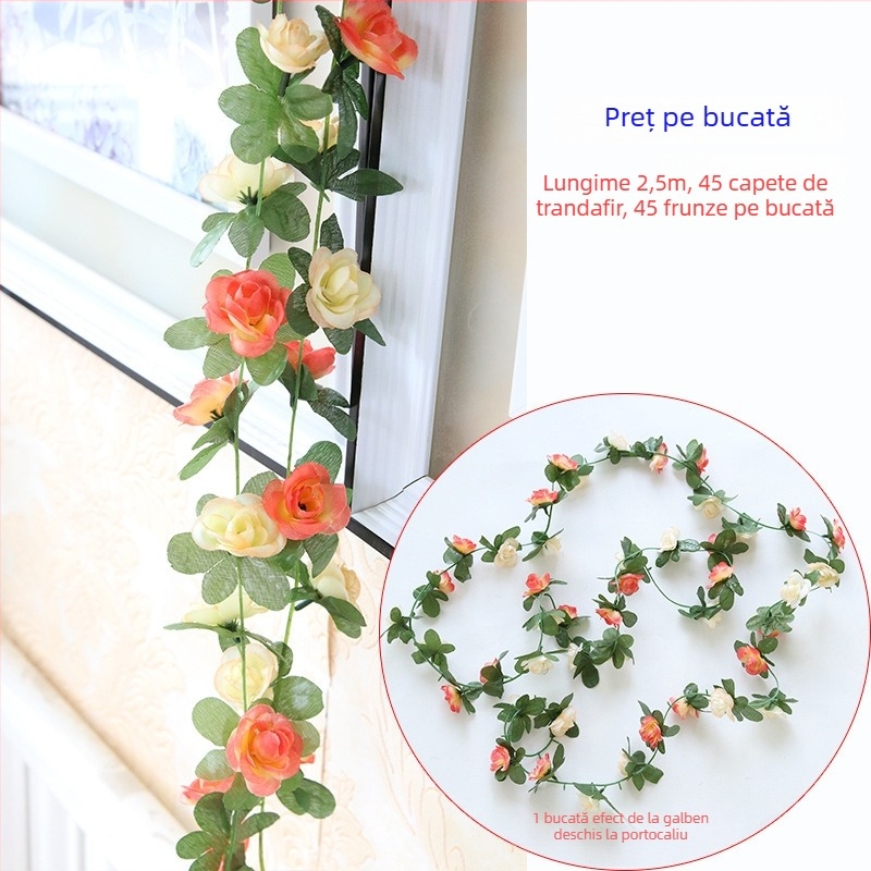 Viță de trandafiri cu flori de mătase, 45 de flori, decorativ, înălțime 2,3 m