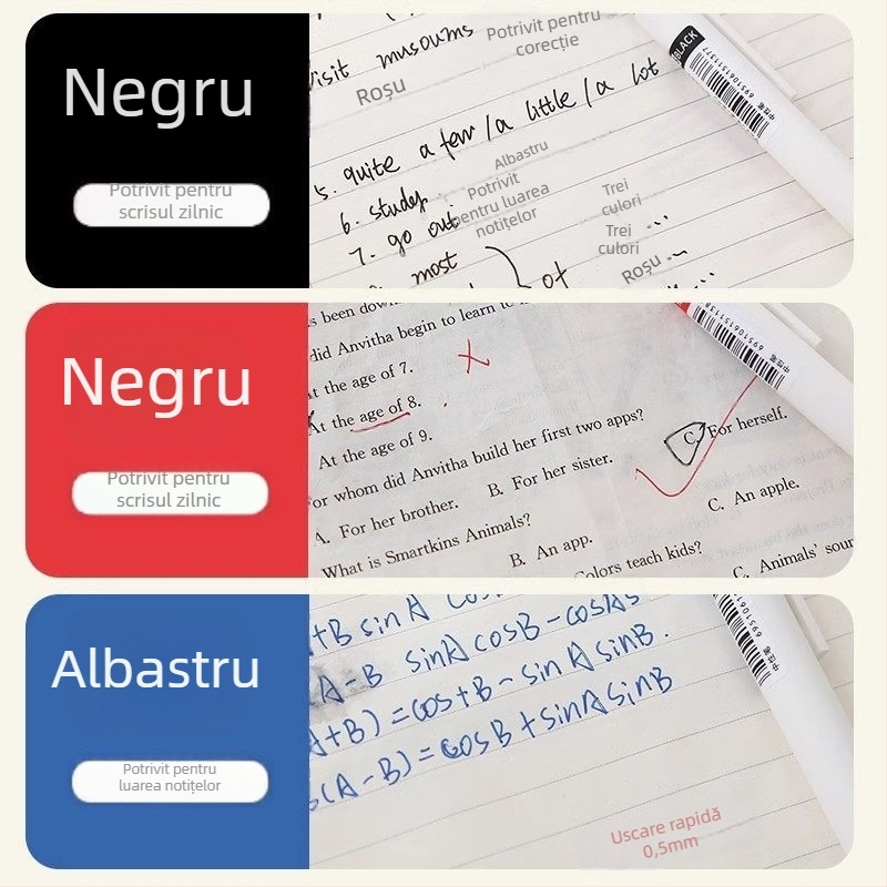 Pix cu trei culori retractabil pentru elevi — albastru, roșu și negru, cu rezerve de cerneală albastră și neagră