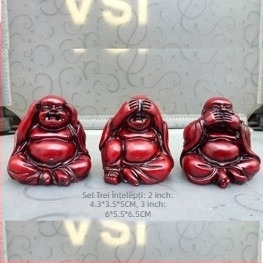 Set de șase statui Buddha din rășină, cu finisaj asemănător lemnului roșu și detalii aurii, inclusiv Maitreya și Shakyamuni