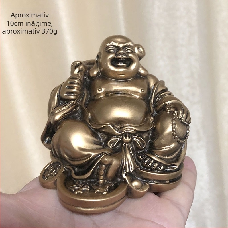 Set de șase statui Buddha din rășină, cu finisaj asemănător lemnului roșu și detalii aurii, inclusiv Maitreya și Shakyamuni