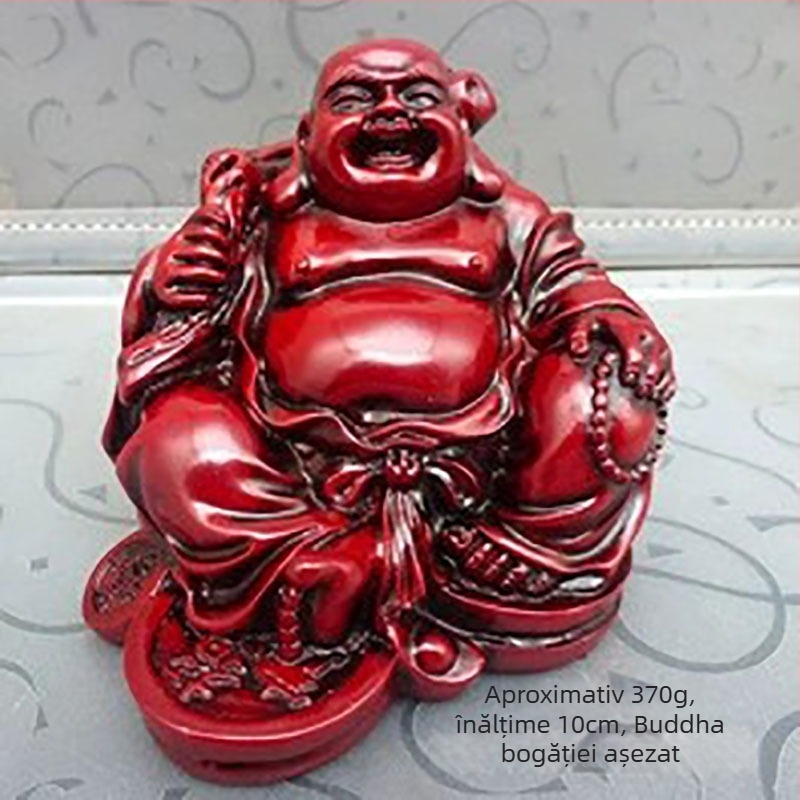 Set de șase statui Buddha din rășină, cu finisaj asemănător lemnului roșu și detalii aurii, inclusiv Maitreya și Shakyamuni