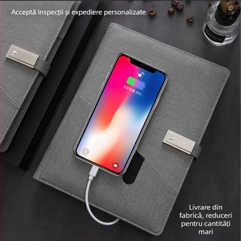 Set cadou notebook cu încărcare wireless, power bank, carnet cu USB flash drive și carnet de birou cu siglă personalizată