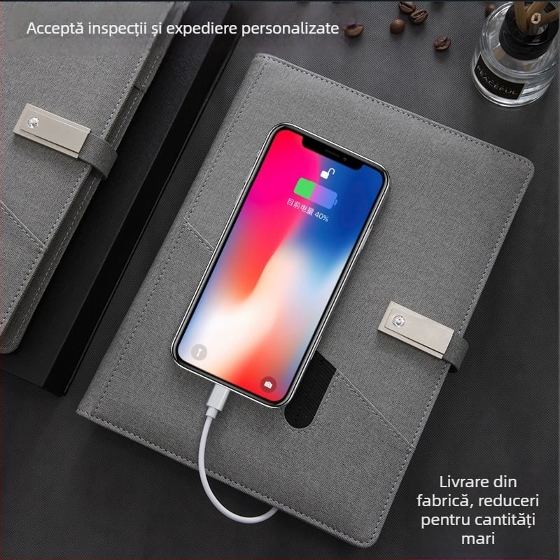 Set cadou notebook cu încărcare wireless, power bank, carnet cu USB flash drive și carnet de birou cu siglă personalizată