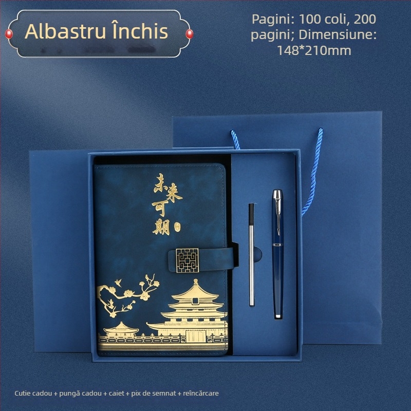 Notebook A5 în set cadou cu logo imprimat, stil retro chinezesc, inspirat de Orașul Interzis