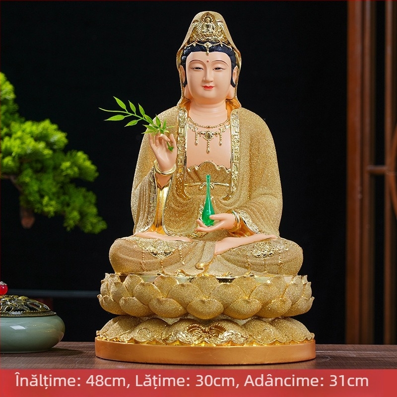 Statuie Guanyin Bodhisattva pentru decor de casă, din rășină, finisaj auriu nisipos