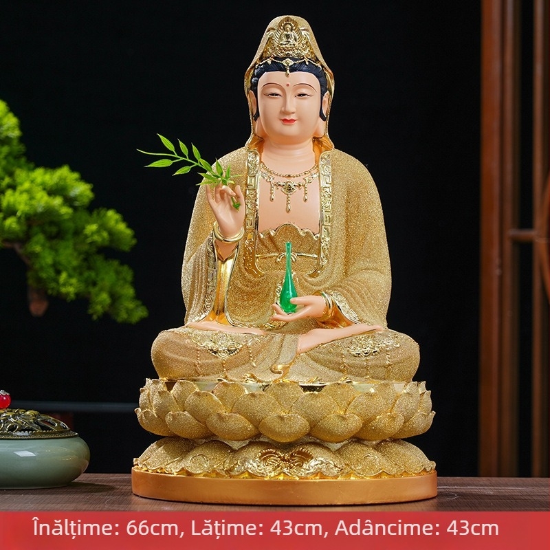 Statuie Guanyin Bodhisattva pentru decor de casă, din rășină, finisaj auriu nisipos