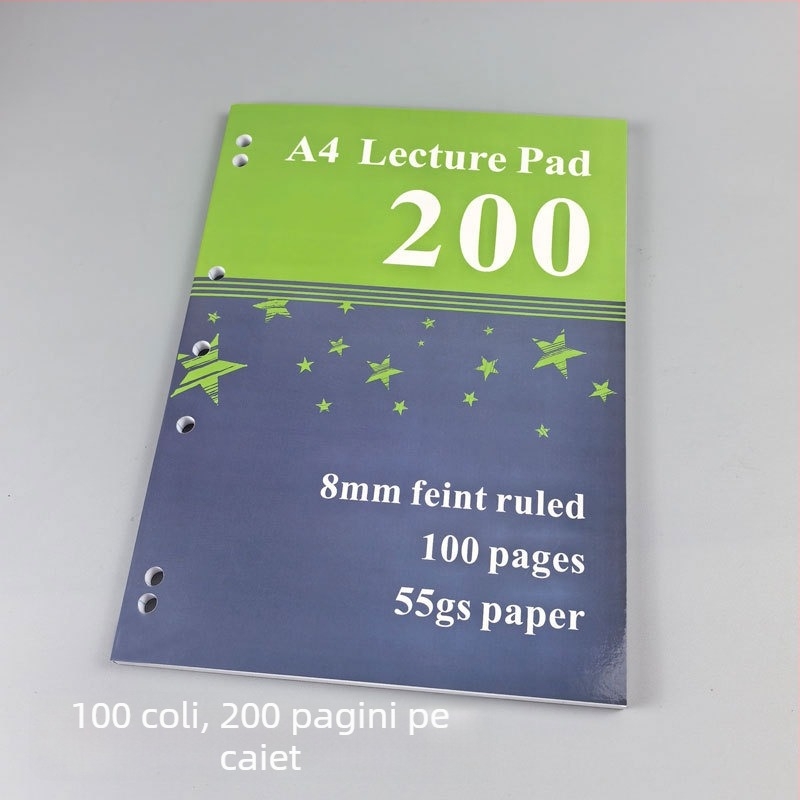 Caiet A4 subțire, 400 de pagini, caiet cu rânduri pentru exerciții, caiet de schițe simplu, 200 de pagini, caiet american cu șapte găuri pentru foi detașabile