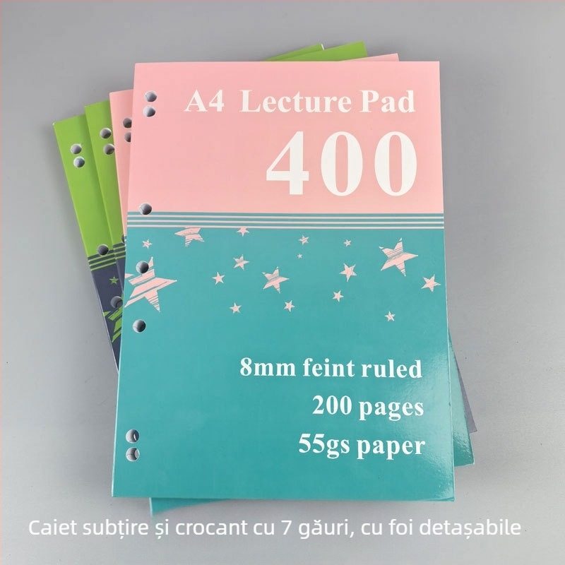 Caiet A4 subțire, 400 de pagini, caiet cu rânduri pentru exerciții, caiet de schițe simplu, 200 de pagini, caiet american cu șapte găuri pentru foi detașabile