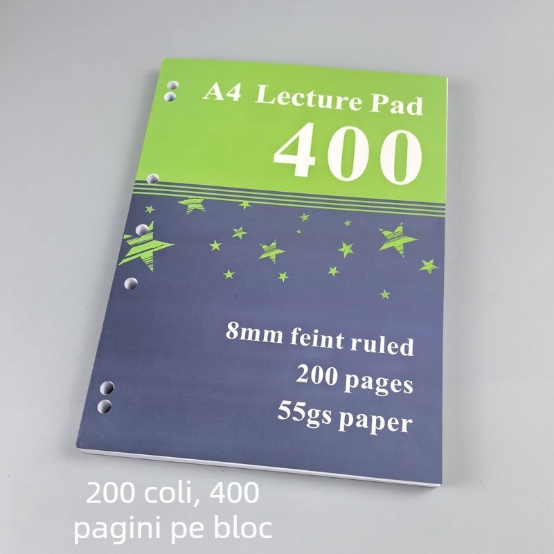 Caiet A4 subțire, 400 de pagini, caiet cu rânduri pentru exerciții, caiet de schițe simplu, 200 de pagini, caiet american cu șapte găuri pentru foi detașabile