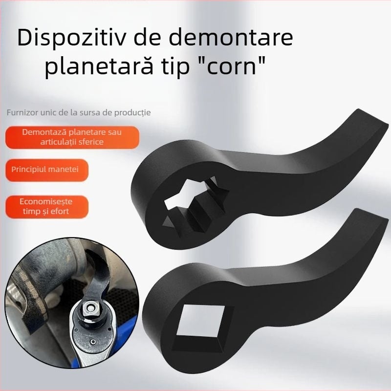 Unealtă pentru demontarea semiaxisului, în formă de corn, cu levier, separator și cheie