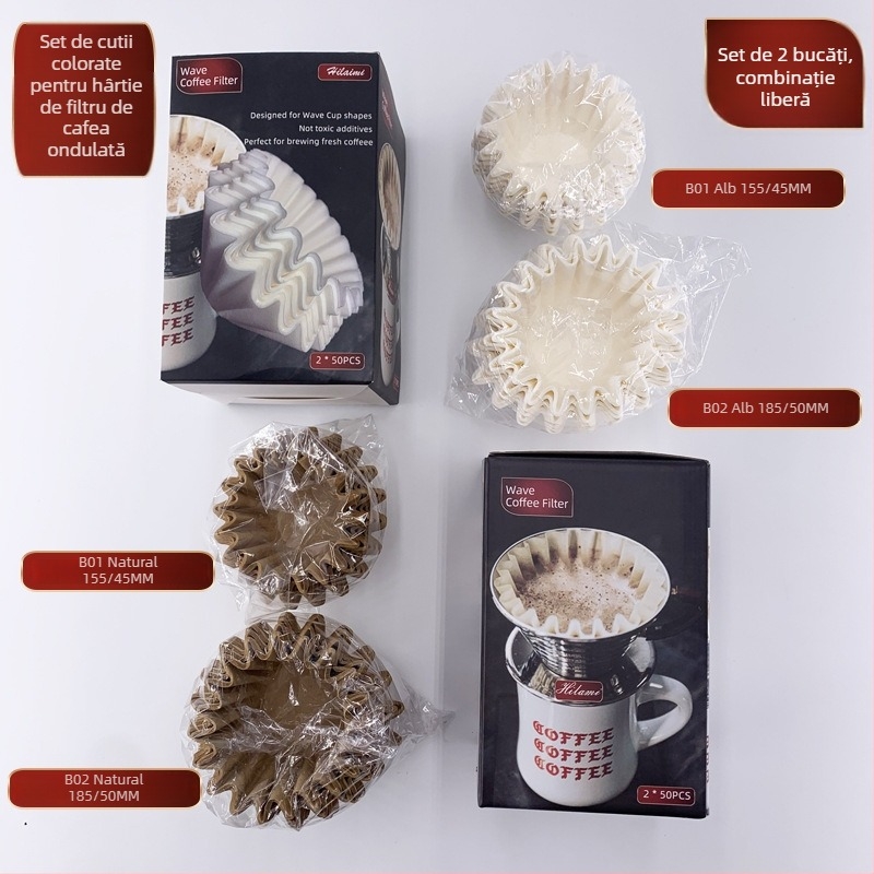 Whalemi filtre de cafea cu formă de val, tip bol pour-over, 50 de foi, cutie colorată, set de 2 bucăți