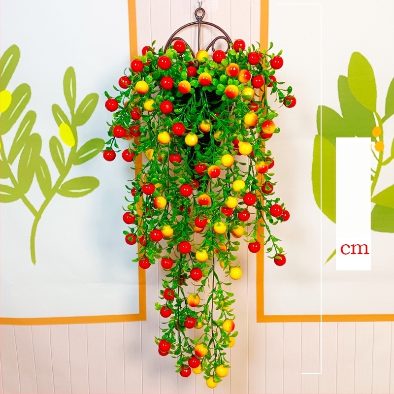 Liană artificială de perete cu fructe roșii, plante verzi decorative pentru living