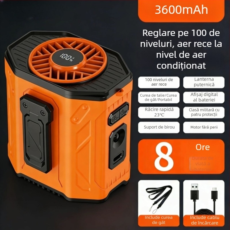 Ventilator portabil pentru talie și gât, USB reîncărcabil, cu baterie încorporată, 6 palete, 6 trepte de viteză, răcire portabilă