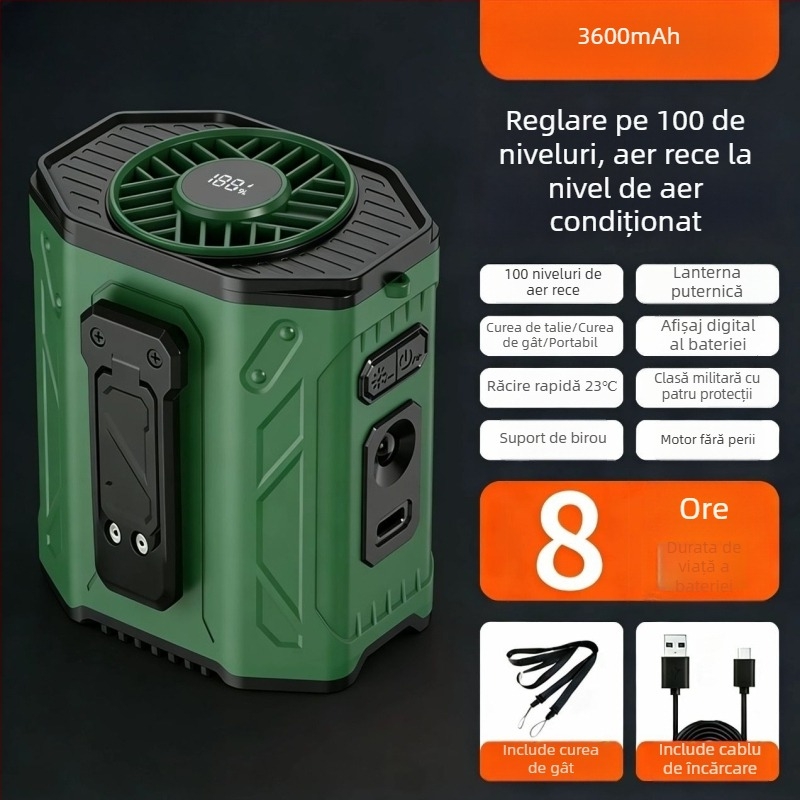 Ventilator portabil pentru talie și gât, USB reîncărcabil, cu baterie încorporată, 6 palete, 6 trepte de viteză, răcire portabilă
