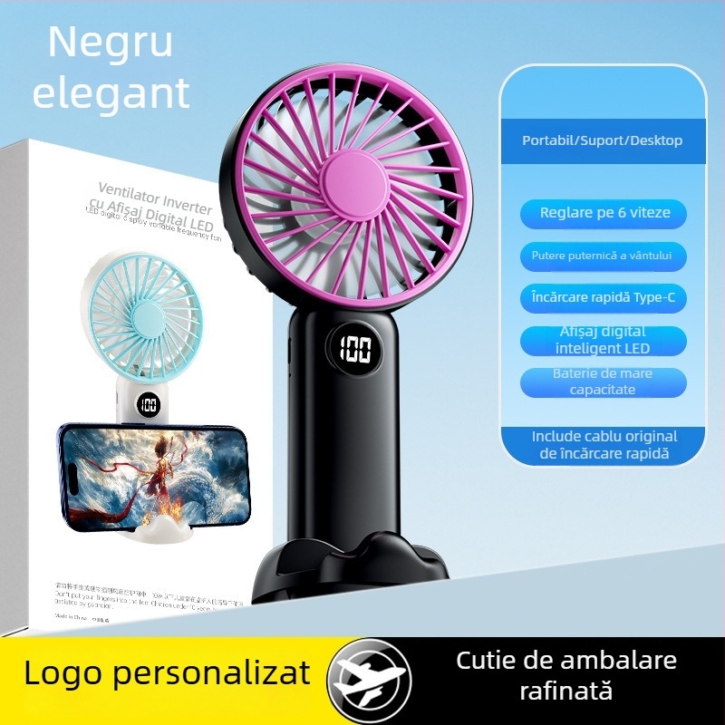 Ventilator USB mic de mână cu afișaj digital, baterie încorporată 1000–1200mAh, 3 palete, 5V, 4.1W, 6 trepte, ventilator portabil pentru birou