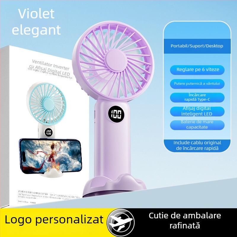 Ventilator USB mic de mână cu afișaj digital, baterie încorporată 1000–1200mAh, 3 palete, 5V, 4.1W, 6 trepte, ventilator portabil pentru birou