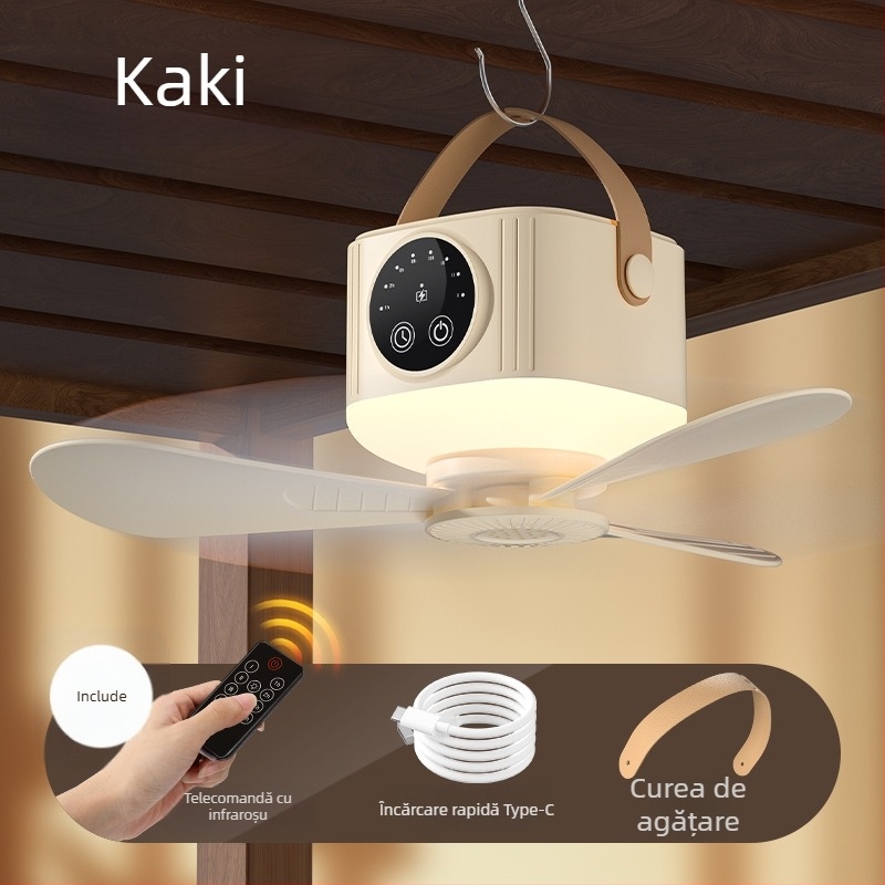 Ventilator mini multifuncțional pentru camping în aer liber, cu lumină, montaj pe birou și pe perete, reîncărcabil, telecomandă.