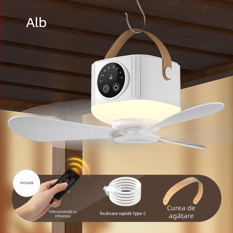 Ventilator mini multifuncțional pentru camping în aer liber, cu lumină, montaj pe birou și pe perete, reîncărcabil, telecomandă.