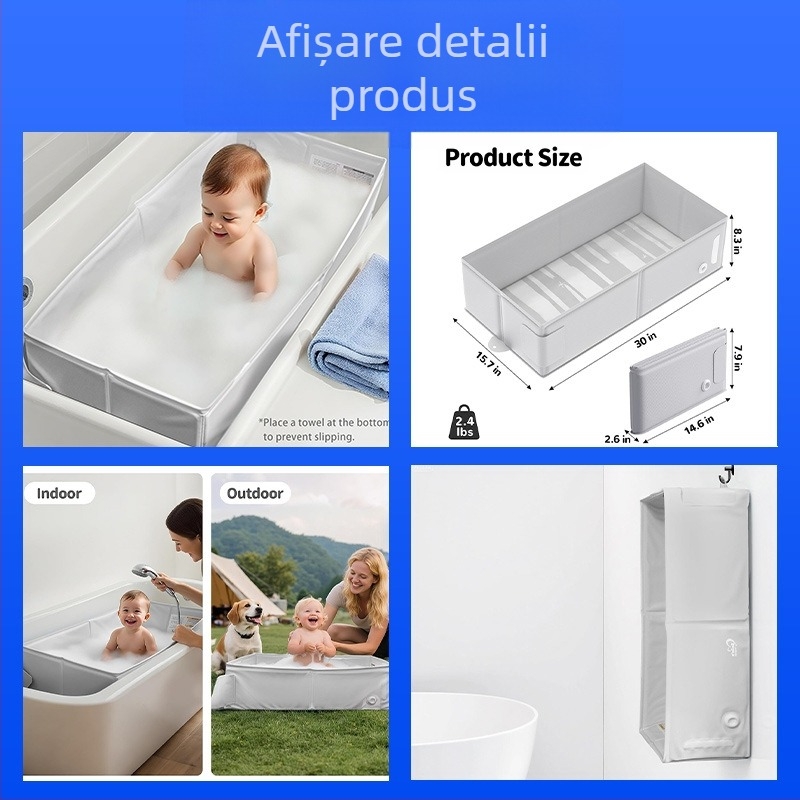 Cadă de baie pliabilă pentru bebeluți, pentru casă și călătorii, portabilă, în formă dreptunghiulară